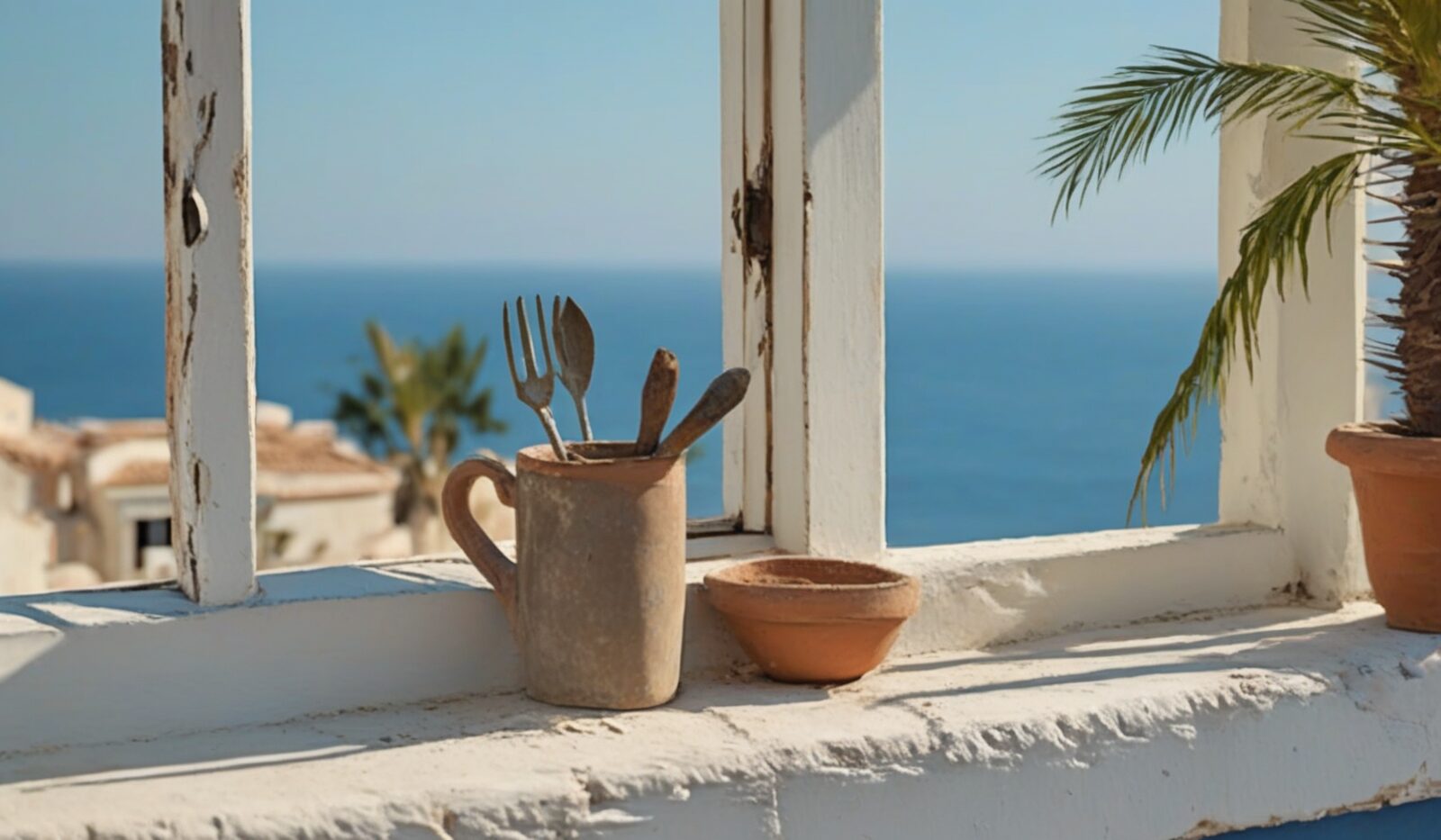 A whitewashed windowsill in bright sun. A chipped clay mug holds worn hand tools; a small terracotta bowl sits beside it. Through the open window frame, the sea and a low town.